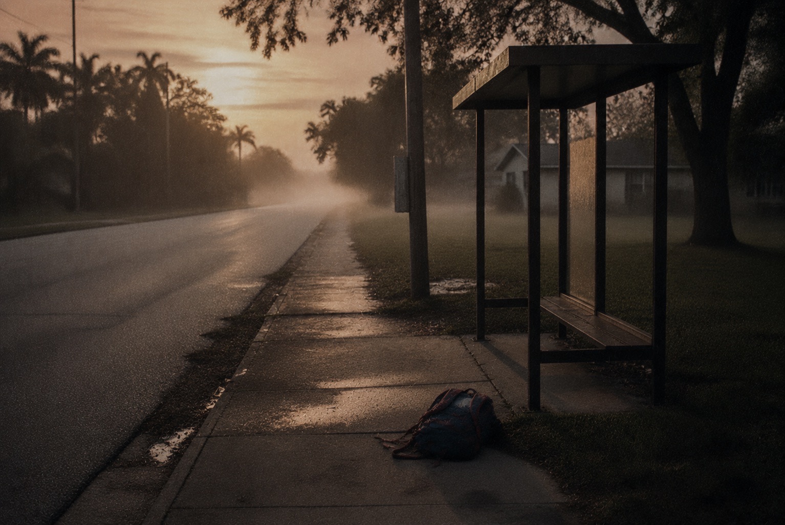 Parada de autobús vacía al amanecer con una mochila en el suelo